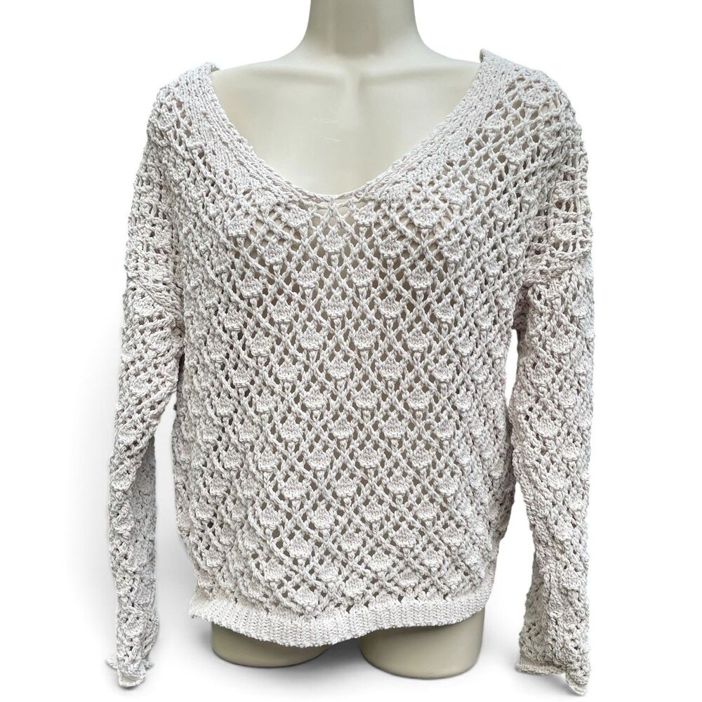 Coastal Boho Open Knit Crochet Sweater Artelier Nicole Miller Cream Size M Beach